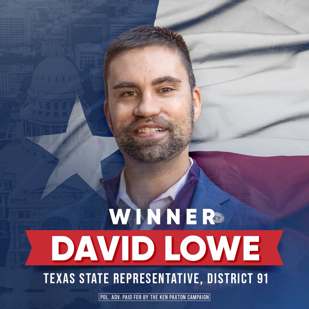 KenPaxtonTX's tweet photo. Congratulations to @DavidLowe4Texas for DEFEATING Austin RINO Stephanie Klick. You have sent a strong message to Austin that if members continue to prioritize Democrats over our Conservative Agenda they will not return in 2026. https://t.co/lGR4JEMly6