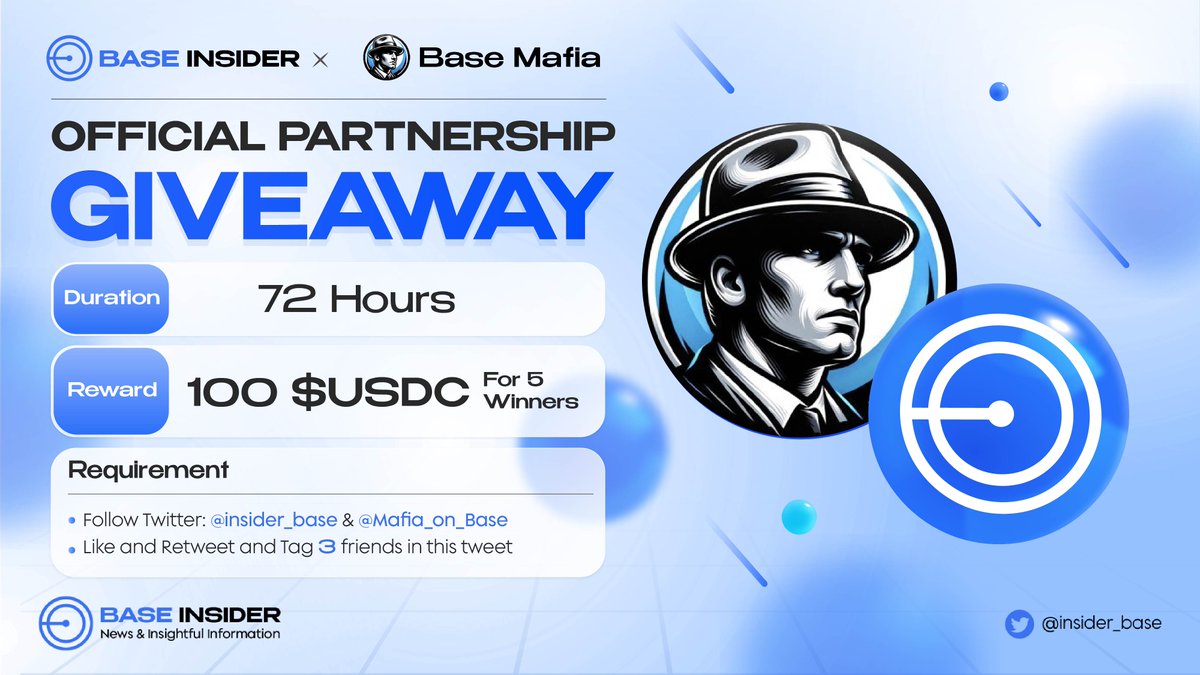 🎉 We are thrilled to host a giveaway event with #BaseMafia, a house of innovations, collaborations, and endless possibilities on @Base 🎉

🎁 100 $USDC for 5 winners

Rules:
- Follow <a href="/insider_base/">Base Insider 🛡️</a> and <a href="/Mafia_on_Base/">𝕭𝖆𝖘𝖊 𝕸𝖆𝖋𝖎𝖆 🛡️</a> 
- Like + RT + Tag 3 Friends
- Join: t.me/basemafiamain