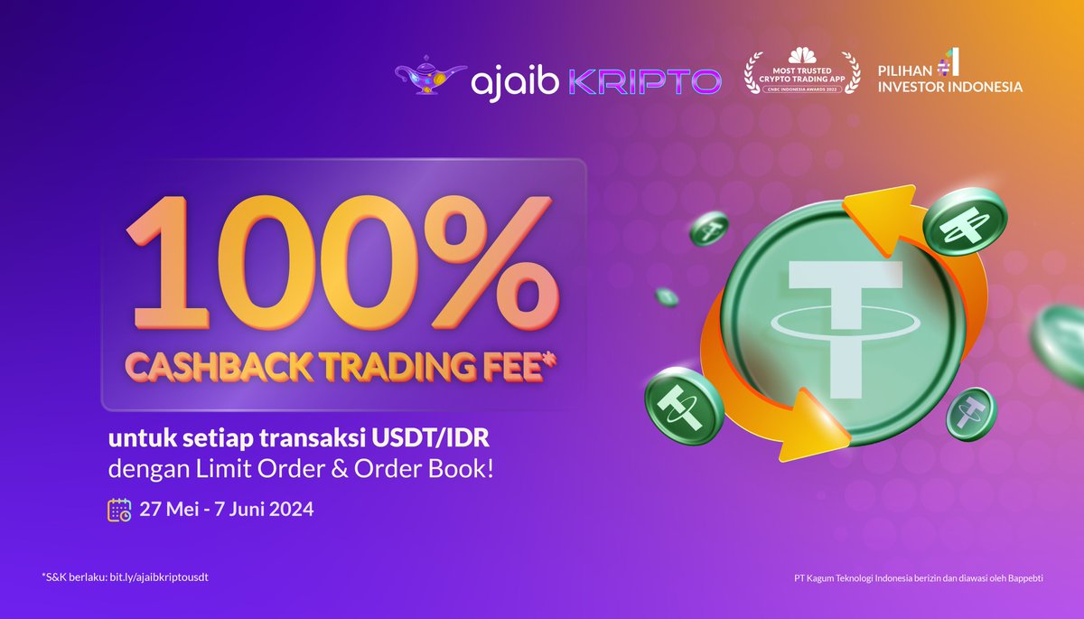 Spesial untuk kamu, 🎉 100% CASHBACK TRADING FEE + 0% WITHDRAWAL FEE! 🎉  Beli USDT/IDR sekarang dengan Limit Order & Order Book dan nikmati promo  nya. Periode: 27 Mei - 7 Juni 2024 *S&K berlaku: https://t.co/yCYuyvFIyZ