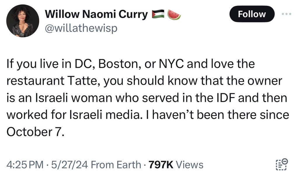 Modern day example of Nazi boycotts - shunning a Jewish female business owner based on her being Israeli. Shame on you Willow Naomi Curry. And for those in DC, Boston, NYC - go visit Tatte and let’s help her boost those sales.