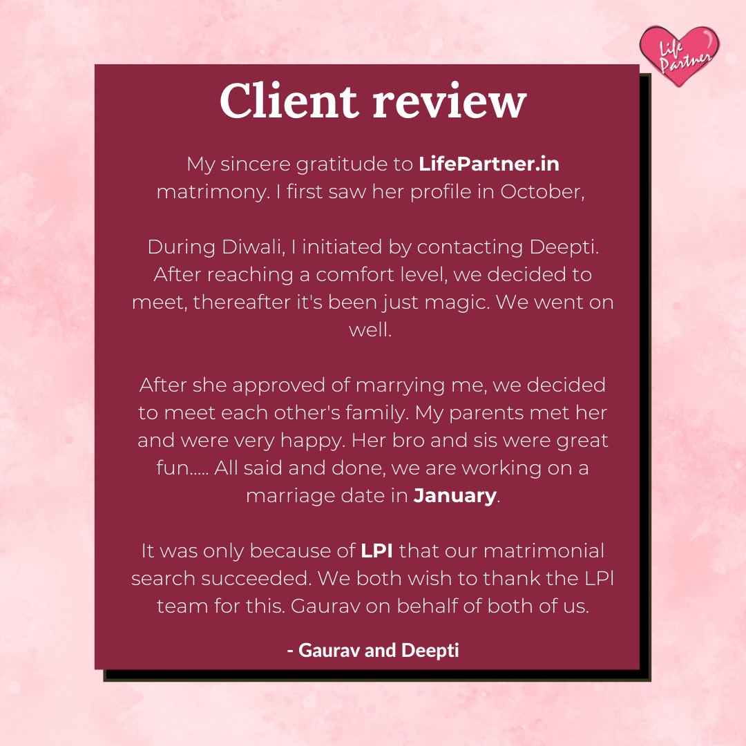 Another success story thanks to LifePartner.in! We're thrilled to have played a part in bringing together another happy couple. #LifePartnerSuccess #MatchMadeInHeaven #HappyCustomers #FindLove #RelationshipGoals