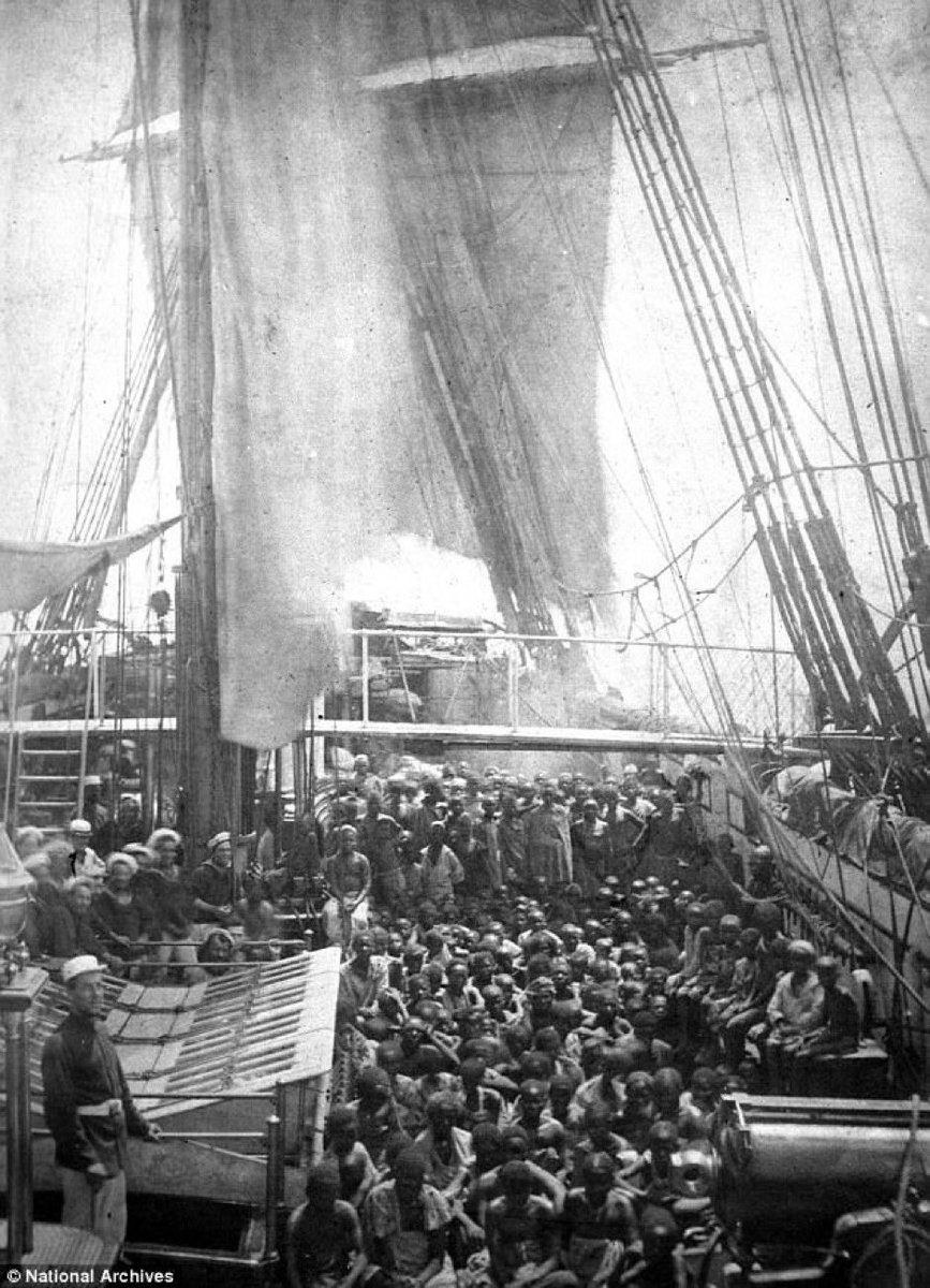 @fasc1nate A photograph of a slave ship captured by the British Navy in 1868. After the British naval blockade of of West & Central Africa in 1808 - 1865, slave traders moved to East Africa to circumvent the blockade. Primarily to Mozambique, Zanzibar & Madagascar. This ship was captured