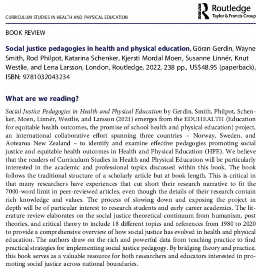 An excellent new book review from Yongjin Lee &amp; Michael Hemphill of 'Social Justice Pedagogies in Health and Physical Education' just published in CSHPE online. 

Access the review here - tandfonline.com/doi/abs/10.108…

The book sounds amazing!