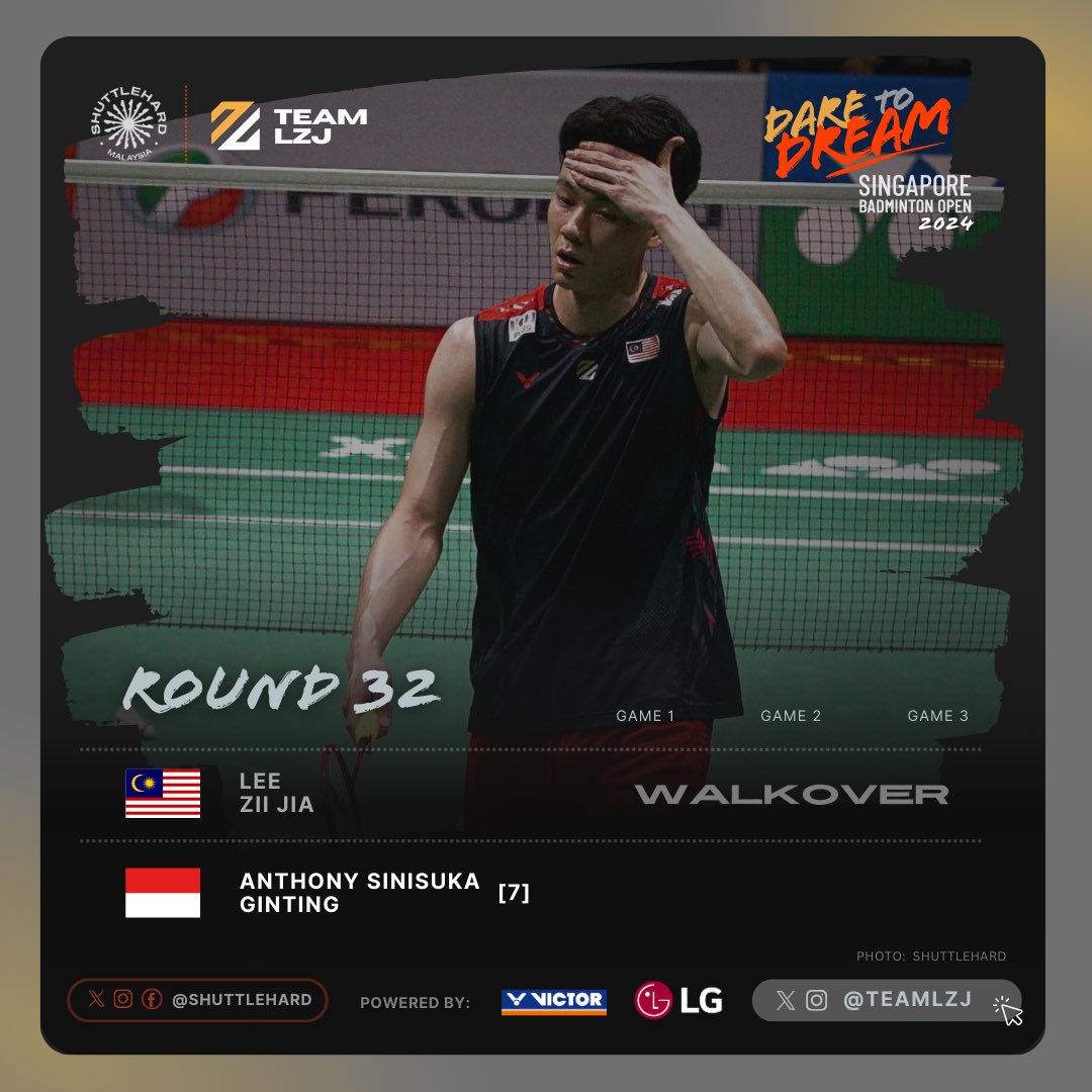 Lee Zii Jia has conceded a Walkover at the #SingaporeOpen2024 

Official statement to follow soon. 

#TeamLZJ
#DareToDream
#UNBRKBL
#ShuttleHard