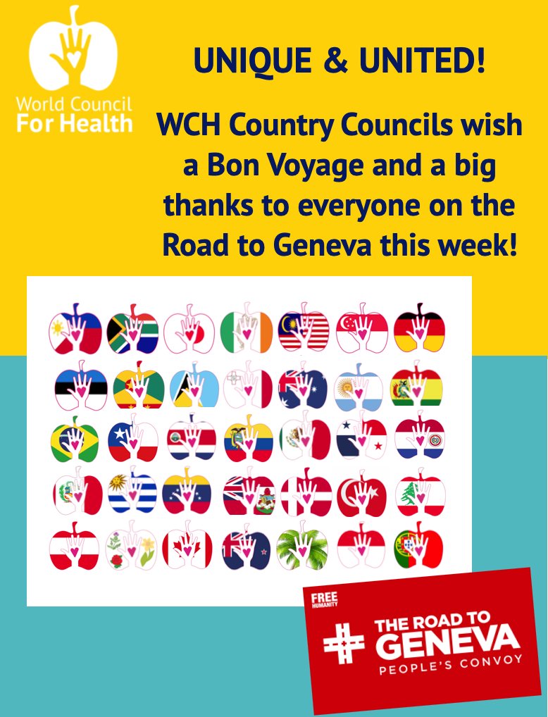 WCH Country Councils wish a Bon Voyage and a big thanks to everyone on the Road to Geneva this week! 💕

Travel safe and tell the WHO how the people really feel!

Learn more about the #RoadToGeneva: roadtogeneva.com

#WeAreTheChange #ExitTheWHO