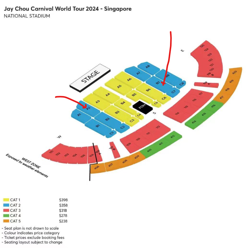 WTS Jay Chou Singapore  
12 Oct 2024 @ 7:30pm (Saturday)  
CAT2 x2 - Seat PB7  
CAT2 x2 - Seat PA2  
(refer seat map below)  

DM for more info!

#jaychou #周杰伦 #JayChou #Carnival_World_Tour #JayChouinKL #JayChouinMY