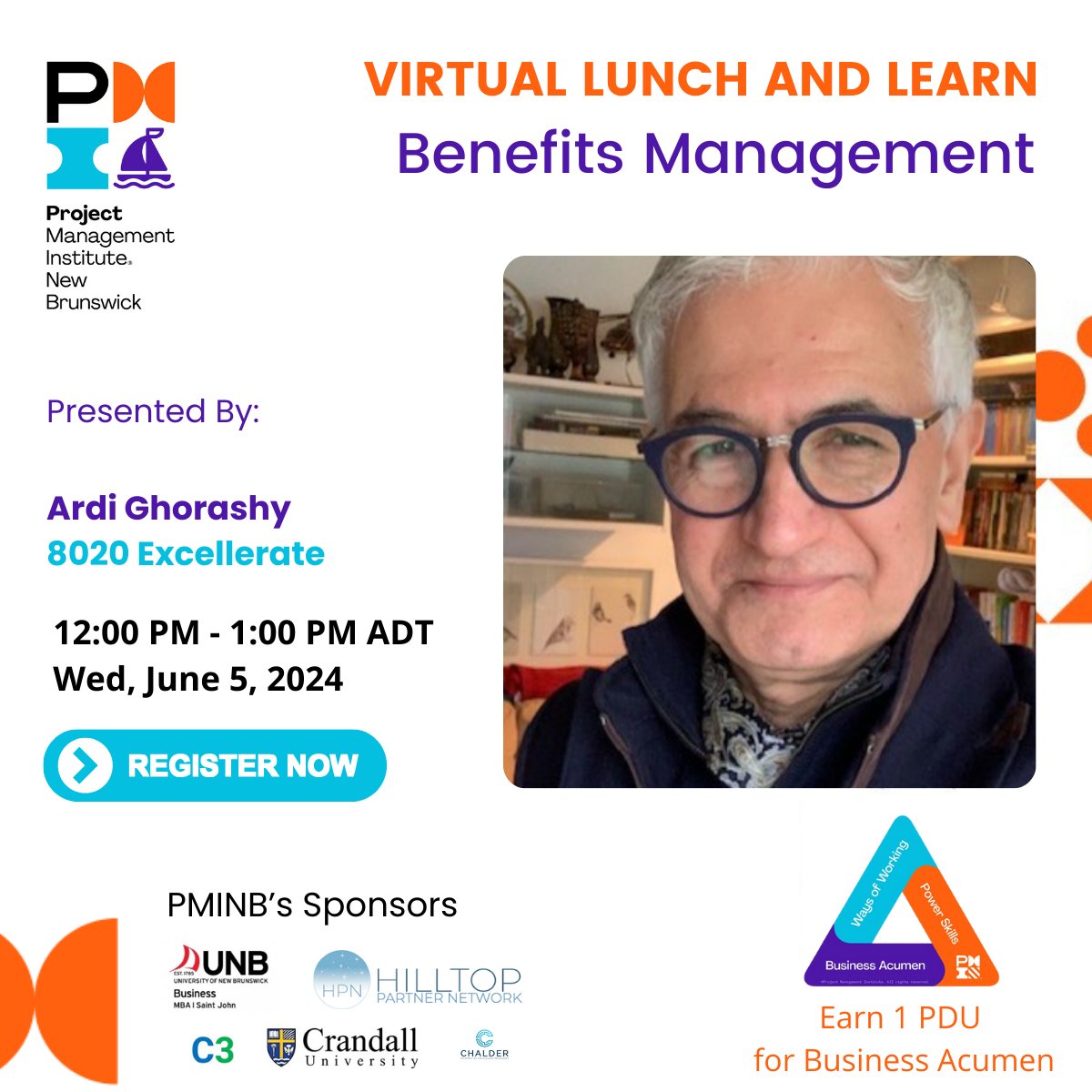 📢 Join Us for Our Virtual Lunch &amp; Learn 
We're excited to have Ardi Ghorashy from 8020 Excellerate 🌟 Topic: Benefits Management 🌟
🗓️ Date: June 5, 2024
🕛 Time: 12:00 PM ADT - 1:00 PM ADT

REGISTER NOW:  pminb.ca/meet-reg1.php?…

#PMINB #PMINewBrunswick