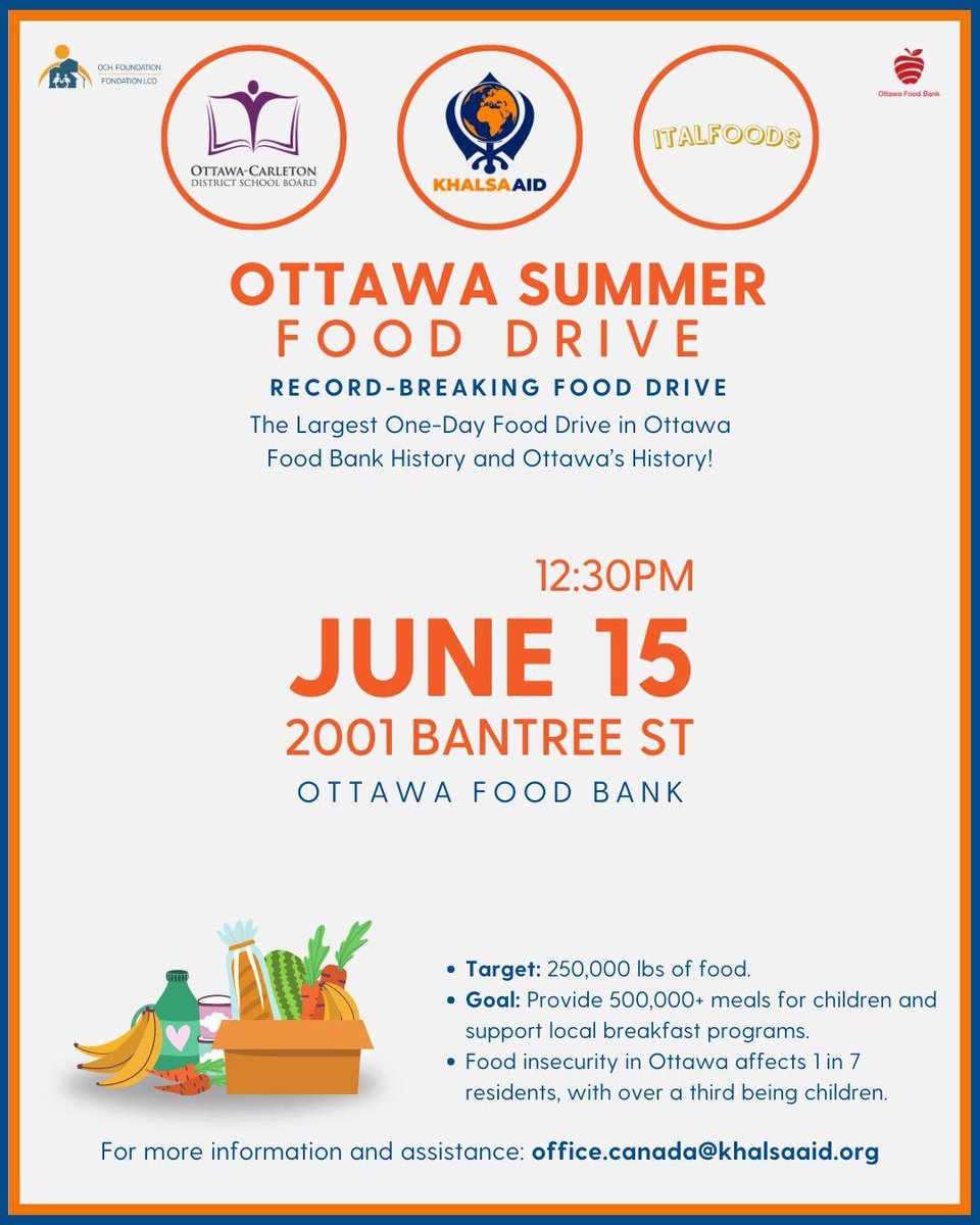 2024 Ottawa Summer Food Drive: Help Fight Child Hunger in Ottawa Calling all Khalsa Aid volunteers in Ottawa! Khalsa Aid Canada needs YOU on June 15th to help us achieve a record-breaking food drive delivery! Together with our amazing partners - @Italfoodsottawa , and thousands