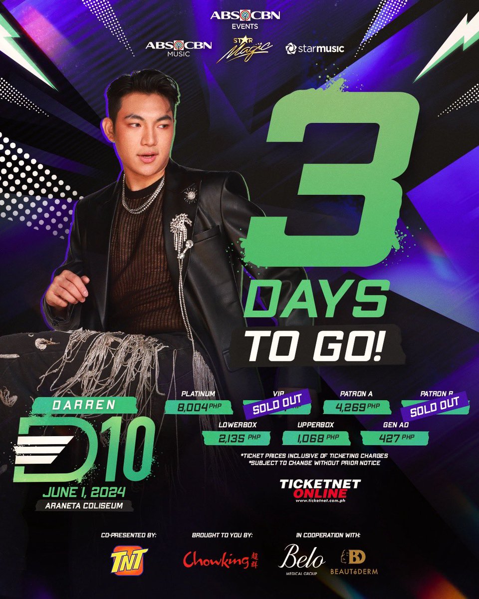 3 DAYS TO GO BEFORE D’ CELEBRATION 💚 Join @Espanto2001 in his 10th anniversary on #D10 at the Araneta Coliseum this June 1, 2024! Special guests are @GaryValenciano1, @JustSarahG, @ogiealcasid, @realeriksantos, Lyca Gairanod, and @vicegandako ✨ VIP and Patron B sections are