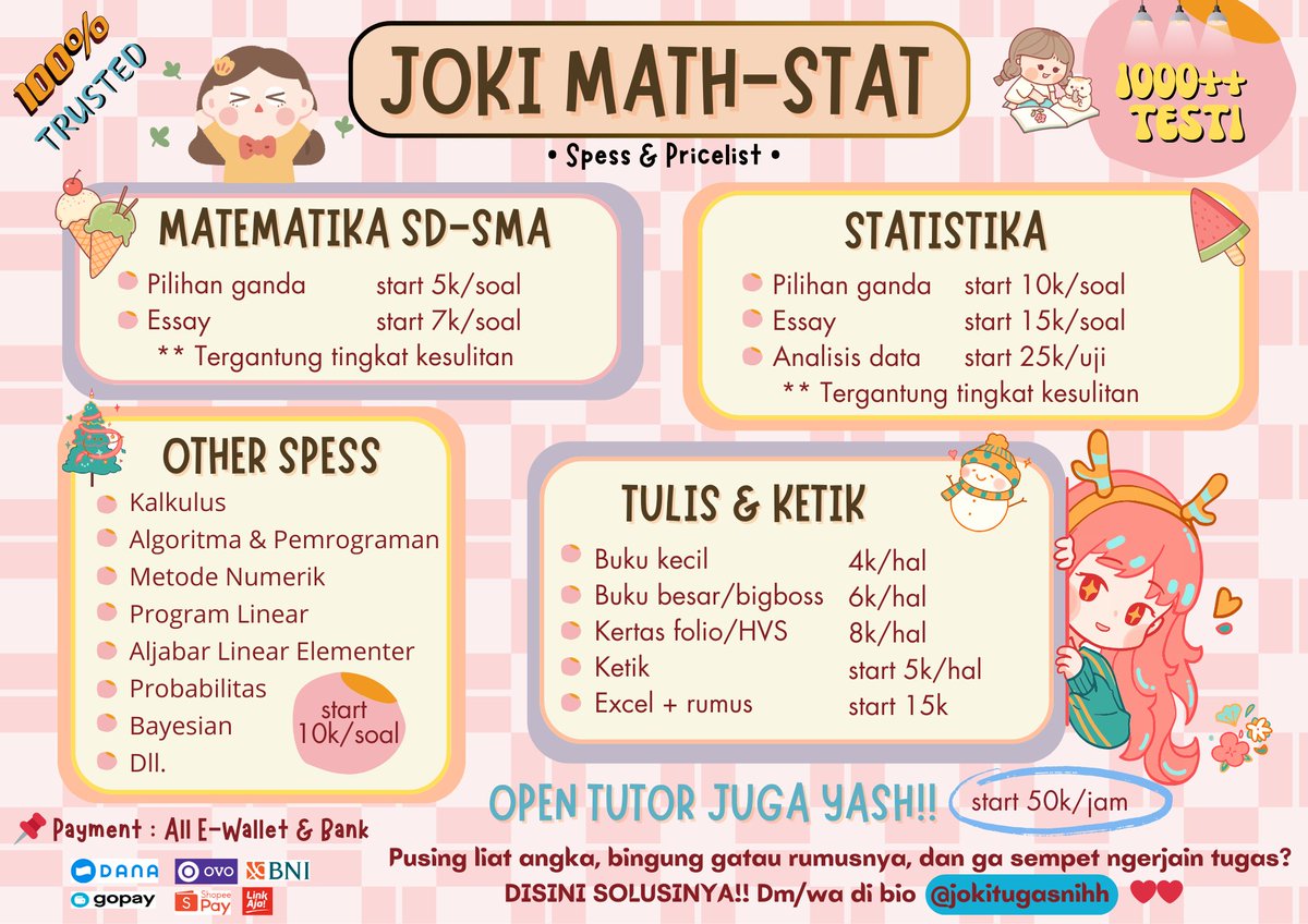 Halloo🙌 
Open Joki SPESS Hitung-Hitungan 
- MTK
- Statistika
- Kalkulus
- Alpro
- Metode numerik
- Program Linear
- dll
Ada jasa tulis, ketik, dan tutor juga ya
Testi? cek di postingan kamii🤍
#jokitugas #zonauang #jokitugaskuliah #jokitugasmurah #trusted #joki #jokiinaja