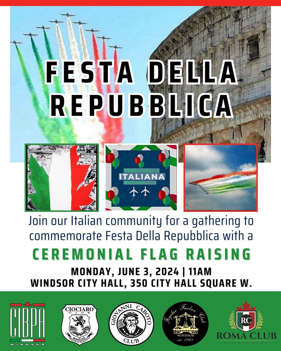 CIBPA WINDSOR (@cibpawindsor) on Twitter photo Please join us we celebrate Festa Della Repubblica!
<a href="/CiociaroClub/">Ciociaro Club</a> <a href="/FogolarWindsor/">FogolarFurlanWindsor</a> <a href="/inwindsoressex/">italiannetwork</a> Please join us we celebrate Festa Della Repubblica!
<a href="/CiociaroClub/">Ciociaro Club</a> <a href="/FogolarWindsor/">FogolarFurlanWindsor</a> <a href="/inwindsoressex/">italiannetwork</a>