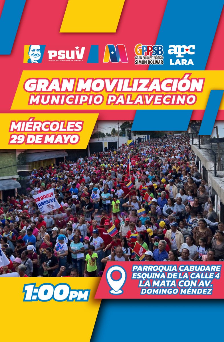 #MunicipioPalavecino

Gran Movilización en Palavecino contra las sanciones y medidas coercitivas y en apoyo a nuestro presidente @NicolasMaduro

Fecha: Miércoles 29 de mayo
Hora: 01:00 P.M

📍 Punto de salida:  Esquina calle 4, La Mata con Av. Domingo Méndez, parroquia Cabudare.