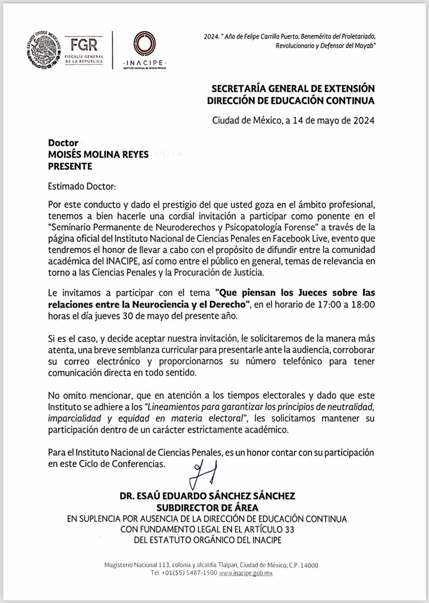 Invitado por el @INACIPE @FGRMexico estaré platicando con el Dr. @ericgarcialopez sobre Derecho y Neurociencia. Se va a poner bueno. La cita es por Facebook Live @marioeherrera @Angela_FriasA @macavaro17