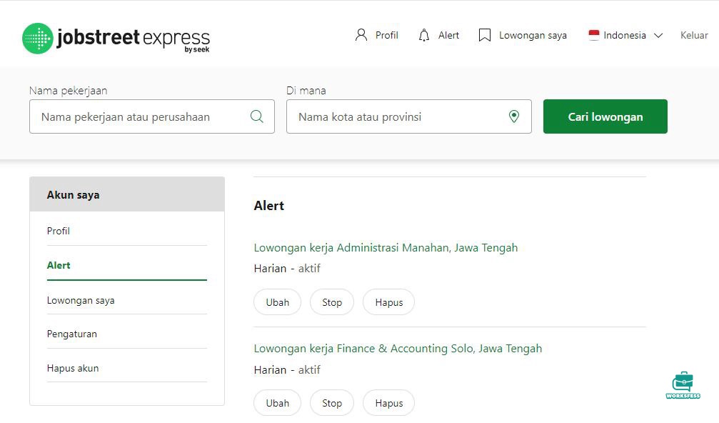 work! cara cek update lamaran kerja di jobstreet express di bagian mana ya? apa dibagian alert kah?