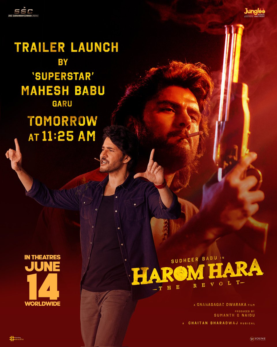 A 'SUPER STAR'T  for the Superb trailer🤩 @urstrulyMahesh gonna launch #HaromHaraTrailer tomorrow at 11.25 am!! 

#HaromHaraOnJune14th in theaters

@suneeltollywood @ImMalvikaSharma @gnanasagardwara @SumanthnaiduG @chaitanmusic @jungleemusicSTH @SSCoffl