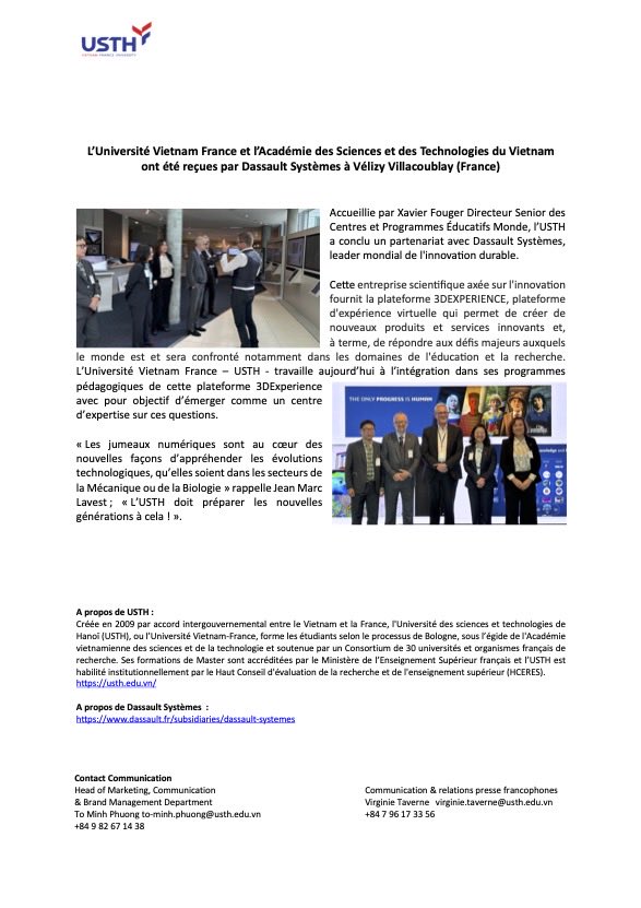⁦<a href="/usth_channel/">University of Science and Technology of Hanoi</a>⁩ a conclu un partenariat avec ⁦<a href="/3DSfrance/">Dassault Systèmes FR</a>⁩ autour de la plateforme 3DEXPERIENCE