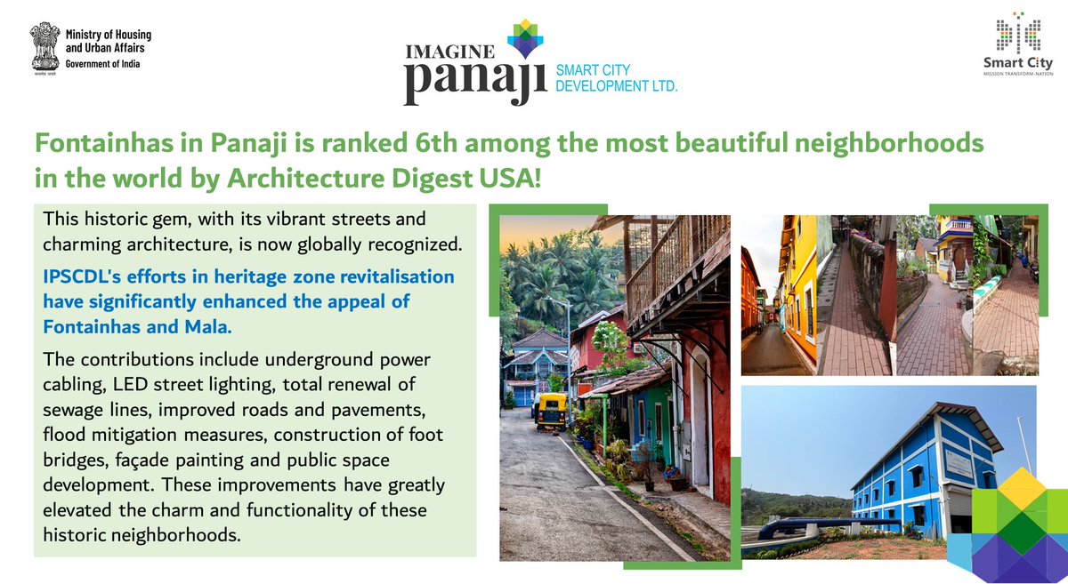 Fontainhas in #Panaji is ranked 6th among the world's most beautiful neighborhoods by @Archdigest!✨ IPSCDL's efforts in heritage zone revitalization have enhanced the appeal of Fontainhas & Mala. Read More: surl.li/uabtf  
#SmartCityKiSmartKahani @SmartCities_HUA