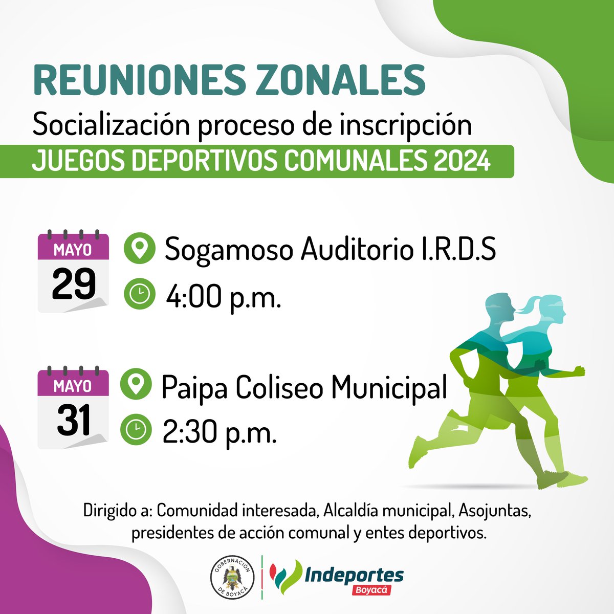 Este miércoles 29 de mayo en el Auditorio de IRDS de Sogamoso a las 4:00 p.m., iniciamos las Reuniones Zonales de Sustentación de los #JuegosComunales 2024.

¡El deporte grande de Colombia se vive en Boyacá!