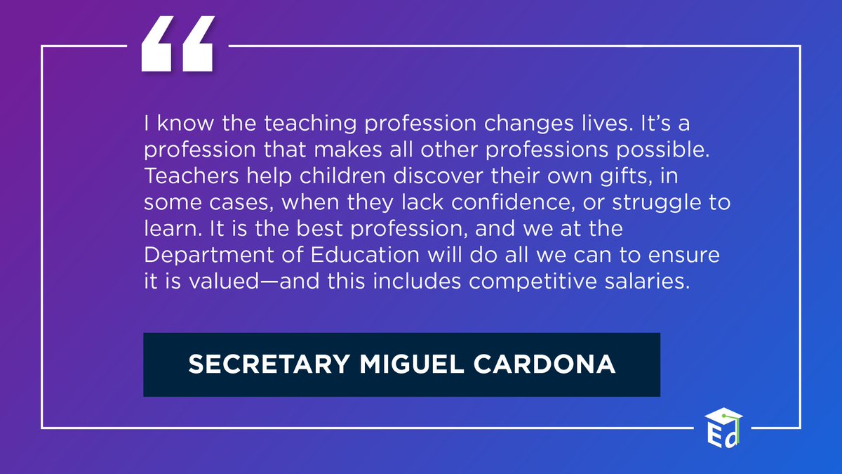 Raising the bar for the teaching profession means: 👩‍🎓 Better professional learning opportunities 🗣️ Using teacher input to shape policies 💰 Calling on states & districts to raise teacher salaries Learn more: ed.gov/raisethebar/ed… #TeacherTuesday