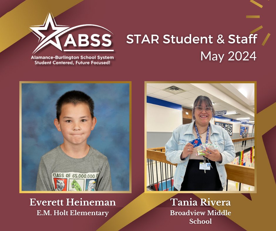 Congrats to @emholt1 Everett, a role model tackling challenges with kindness and work ethic! Also @BMSBobcats Ms. Rivera, dedicating time to tutoring and community events to support newcomers. Our incredible May STAR Student & Staff! #StudentCenteredFutureFocused