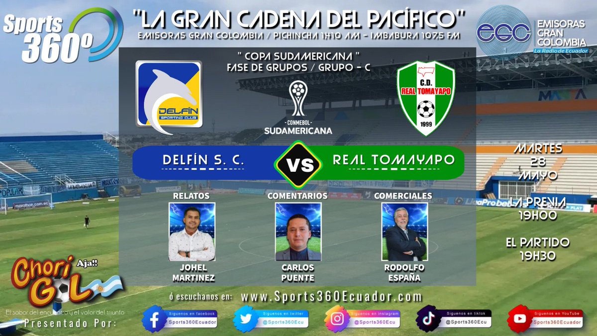 La #CopaSudamericana la vives y escuchas en la 'Gran Cadena del Pacífico' y su equipo #Sports360

#Delfin vs #Tomayapo 🇧🇴
🏟 Jocay
⏰️19h30

Relata: @JohelMartinez
Comenta: @karlimanedu
📣 Rodolfo España
📻 1410AM Pichincha - 107.5FM Imbabura🎙⚽️