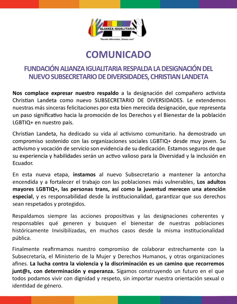 Somosfai_Ec's tweet photo. @DDHH_Ec @crisland1 🌈 Respaldamos con entusiasmo la designación de Christian Landeta como nuevo Subsecretario de Diversidades. Su compromiso con la comunidad LGBTIQ+ es un activo valioso para la diversidad e inclusión en Ecuador. Sigamos construyendo un futuro de respeto y dignidad para todos. 👏✨ https://t.co/OEeazAX9a8