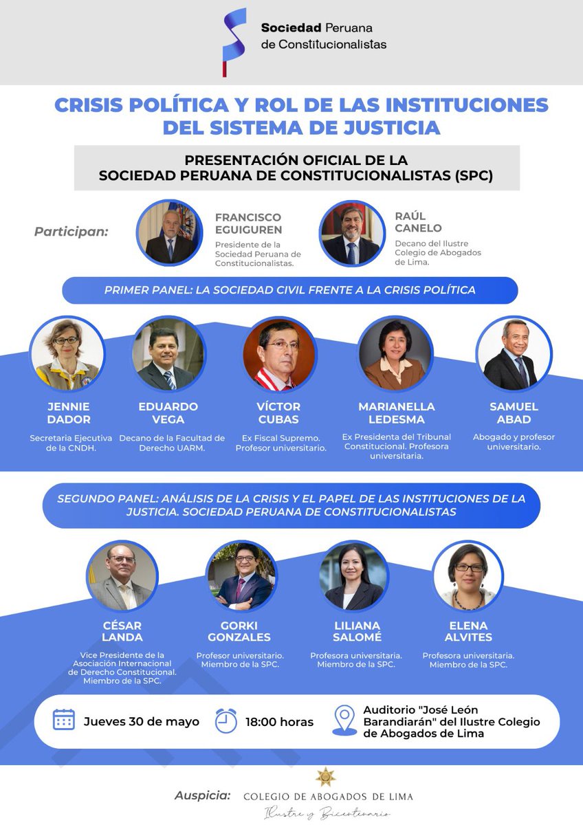 Este jueves 30 de mayo, a las 6pm, tendremos la presentación oficial de la Sociedad Peruana de Constitucionalistas en el Colegio de Abogados de Lima, con un debate sobre el sistema de justicia.
Para confirmar asistencia, inscribirse en el siguiente enlace:
docs.google.com/.../1FAIpQLScm…