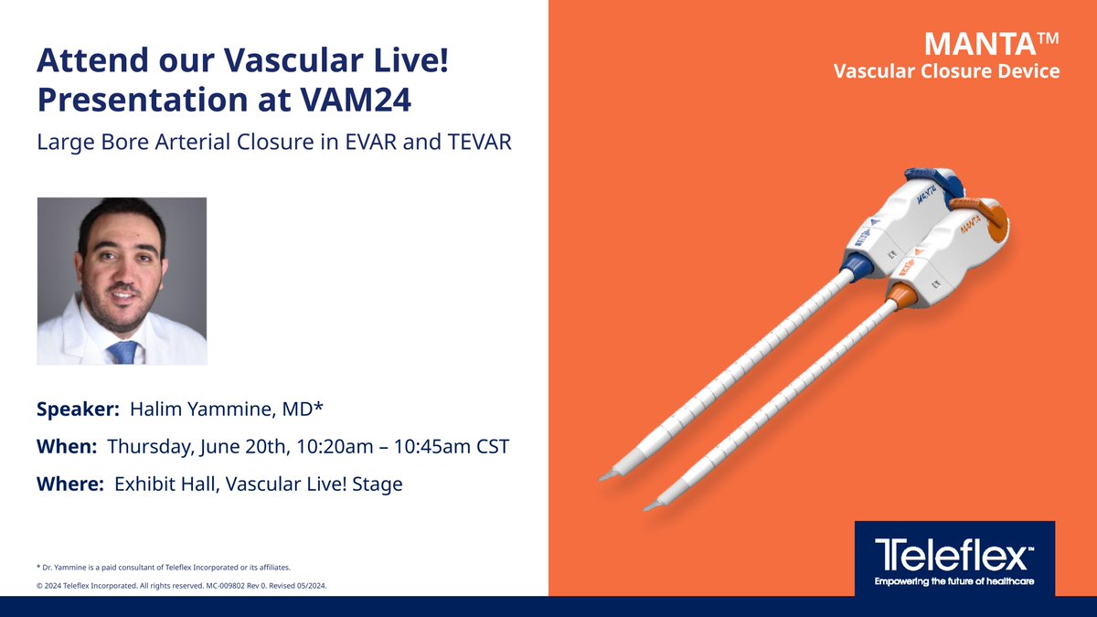 TeleflexCardiol's tweet photo. We are just weeks away from #VAM24! Hear Dr. @HYY1084* share his experience with Large Bore Arterial Closure in EVAR and TEVAR on Thursday, June 20 from 10:20am – 10:45am during our Vascular Live! Presentation. @VascularSVS

Rx only. Safety Info: https://t.co/aW4XVV2oXN https://t.co/PkMI8bl59L