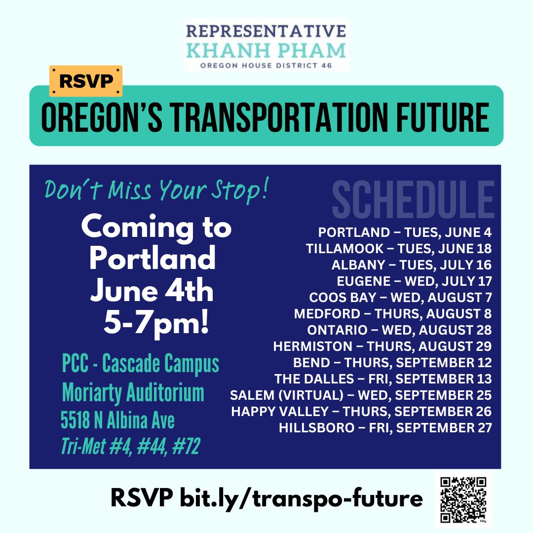 Share your priorities for our communities' transportation future with the OR Joint Transportation Committee starting Tuesday June 4th in Portland. RSVP at bit.ly/transpo-future to attend or email your testimony! #orleg #orpol