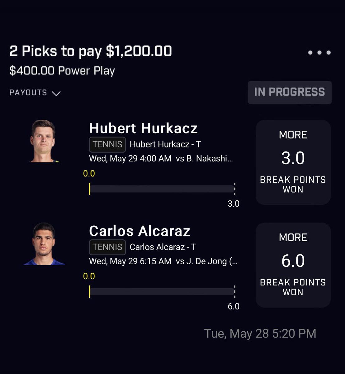 Hubert Hurkacz Over 3 Break Points Won🏓

Carlos Alcaraz Over 6 Break Points Won🎾

#PrizePicks #tennis #GamblingsTwitter #tennistwitter #prizepickslocks #prizepickstennis #gamblingx #frenchopen