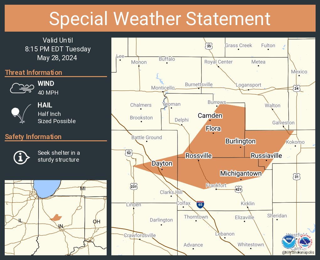 A special weather statement has been issued for Flora IN, Rossville IN and Dayton IN until 8:15 PM EDT