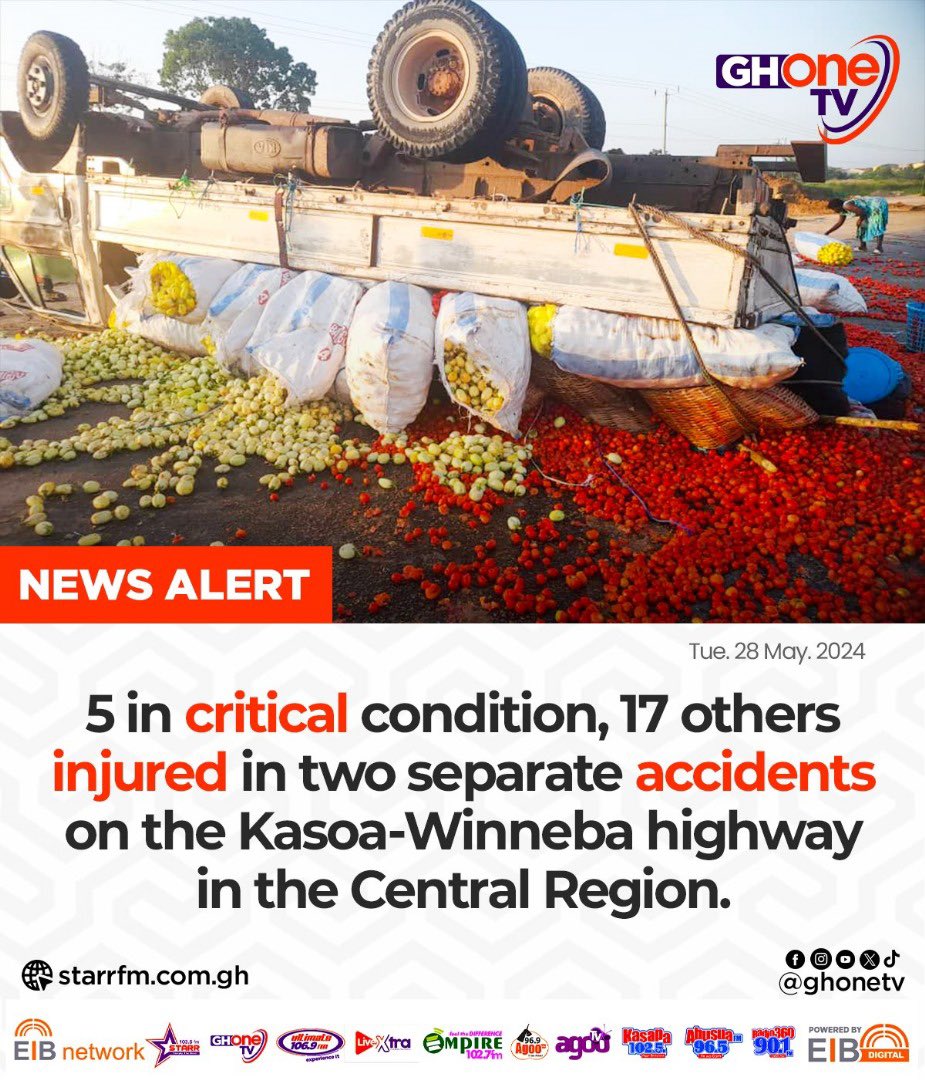 Ama_Bruwah's tweet image. Two separate accidents on Kasoa-Winneba highway leave 5 in critical condition, 17 others injured.
cc: @ghonetv 
#JohnDumelo #UPSA #Spintex #GodfredDame #Lilwin