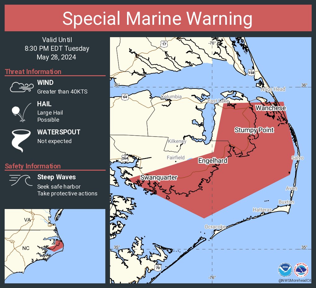 Special Marine Warning including the Pamlico Sound, S of Currituck Beach Light NC to Oregon Inlet NC out to 20 nm, Pamlico and Pungo Rivers, Croatan and Roanoke Sounds and Alligator River until 8:30 PM EDT