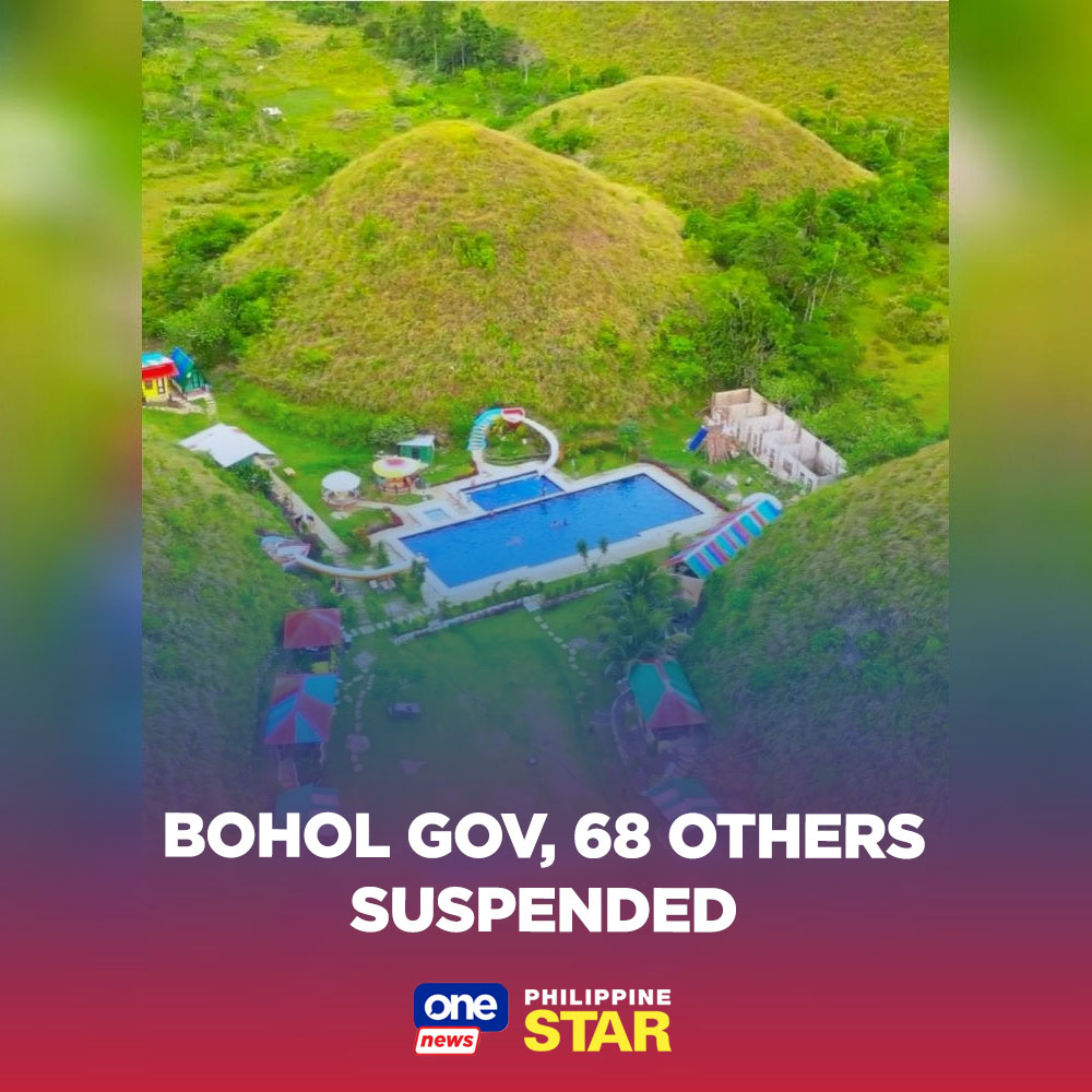 PhilippineStar's tweet photo. The Office of the Ombudsman has preventively suspended Bohol Gov. Aris Aumentado and 68 others including town mayors for six months without pay in connection with the investigation into the controversial construction of Captain’s Peak Resort at the foot of Chocolate Hills. https://t.co/IfvLWXnvpO | via @onenewsph