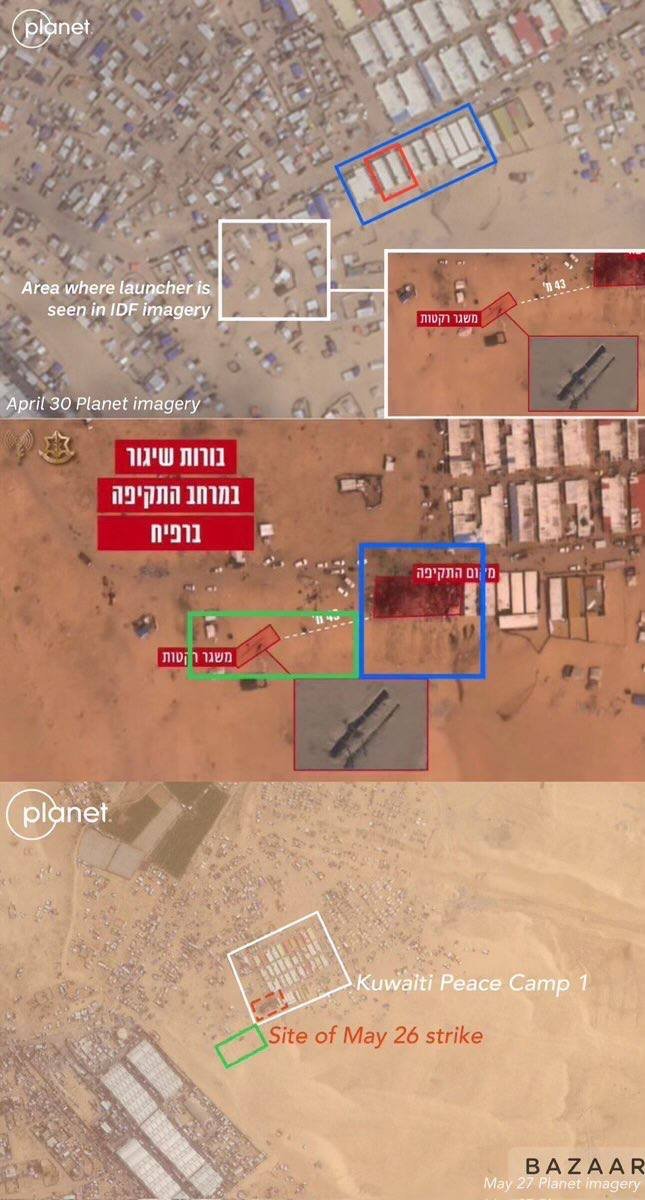 3- Targeting civilians: The image shows the location Before & After strike, IDF strike photo They were targeting the Red Rectangle The green box is the alleged rocket launcher it was untouched, it was not targeted They ended up burning the whole area in the blue square.