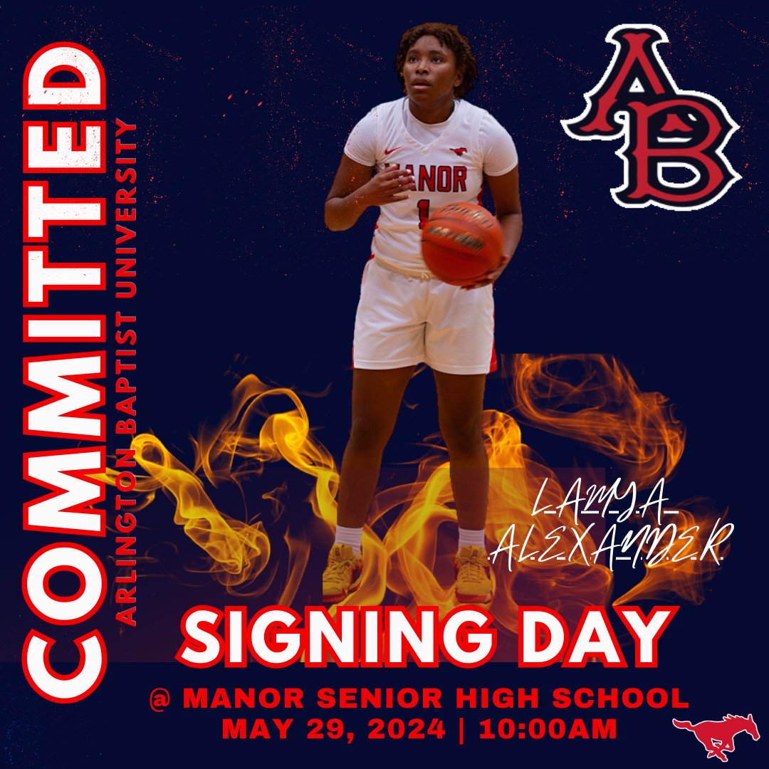 Join us tomorrow as Lamya (<a href="/lamyaalexander0/">Lamya Alexander</a>) will be signing her Letter of Intent to play at <a href="/ABU_WBB/">Arlington Baptist University Women’s Basketball</a>

✍🏼Signing Day 
📍Manor Senior High Big Gym 
⏰10:00 am 
📆 Wednesday May 29, 2024

#WAMM #LadyMustangsBasketball #FillyAlphette