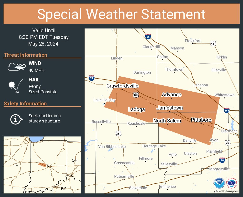 A special weather statement has been issued for Crawfordsville IN, Pittsboro IN and Ladoga IN until 8:30 PM EDT