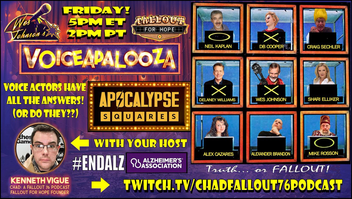 THIS FRIDAY at 5pm ET, 2PM PT... will it be TRUTH? or FALLOUT? Join NINE Actors, TWO Contestants & ONE devilishly handsome host for #APOCALYPSESQUARES! A #VoiceAPalooza @FalloutForHope production built to #ENDALZ! Let's have a laugh & beat Alzheimer's Disease!