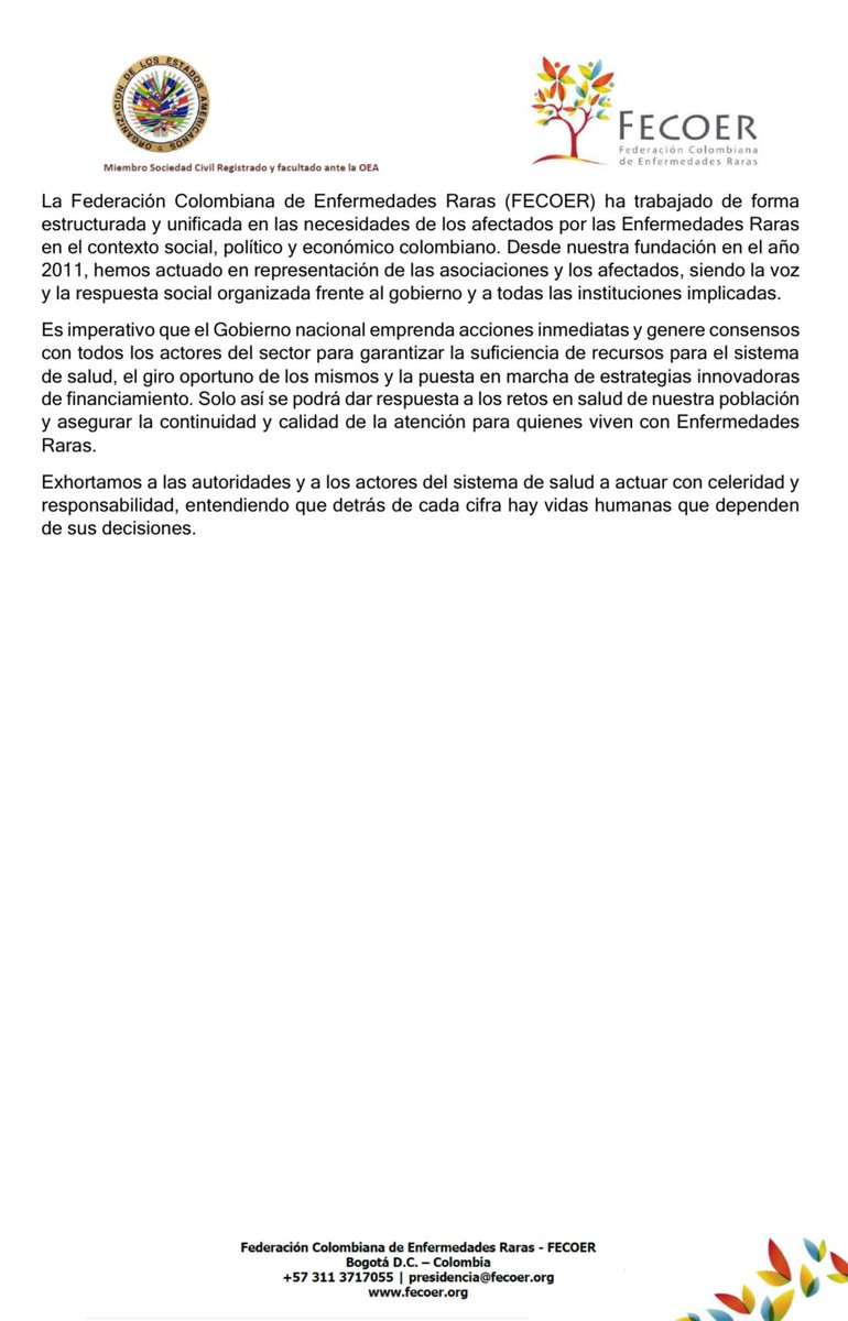 Fecoer's tweet photo. #ATENCIÓN | La reciente decisión de la EPS Sura genera una gran preocupación e incertidumbre en 18.010 personas que viven con Enfermedades Raras y sus familias en el país. #Comunicado 👇🏻 https://t.co/5DfQ0Y20Qj
