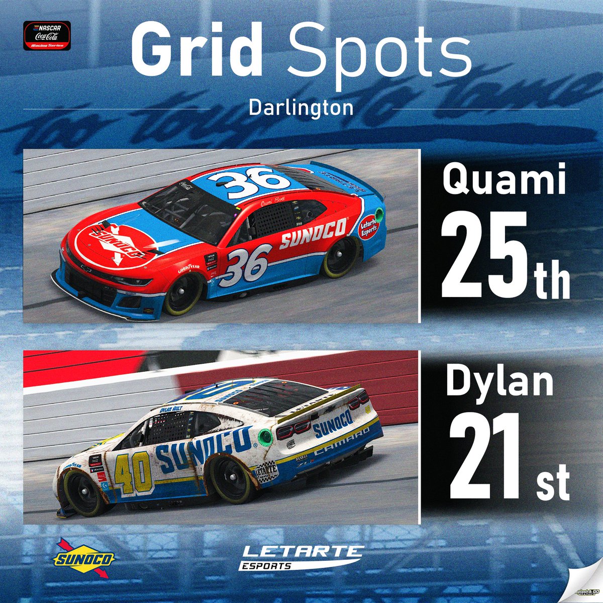Where we roll off for tonight’s @ENASCARGG @CocaColaRacing @iRacing Series event from @TooToughToTame!

@dylanault42: P 2️⃣1️⃣
@YungQuami: P 2️⃣5️⃣

📺: eNASCAR.com/Live / Twitch.tv/Ault_F4 / Twitch.tv/YungQuami

@SunocoRacing
#eCCiS / #eNASCAR / #FuelingVictories