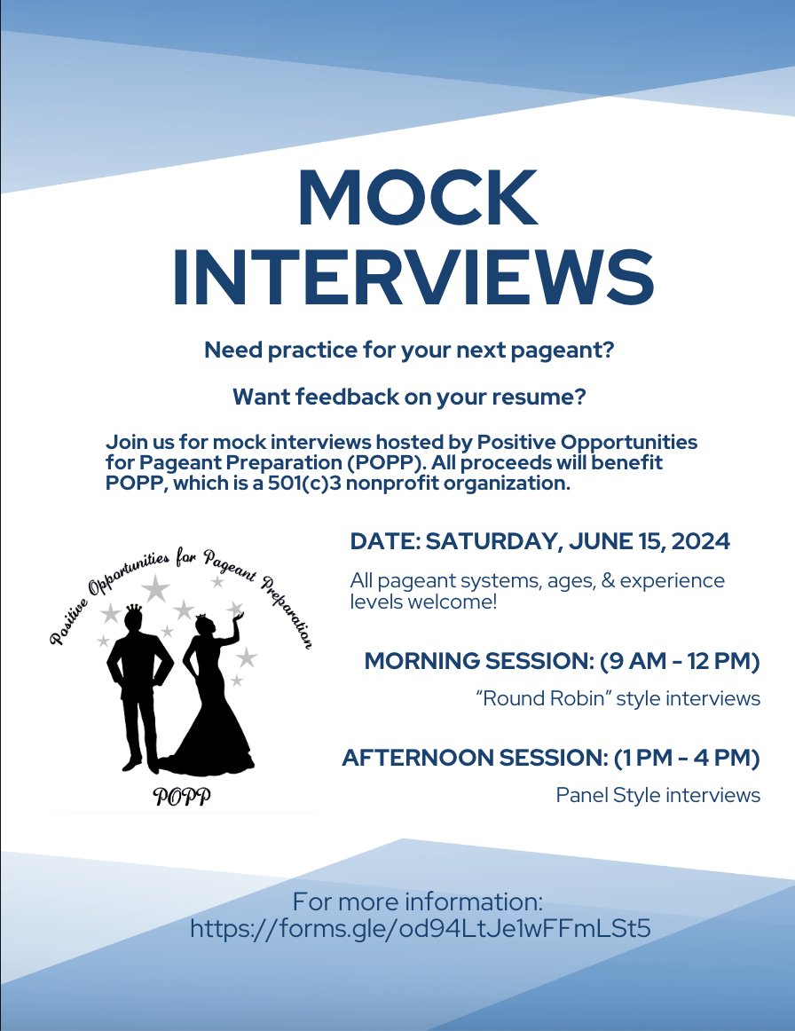 PositiveOpp's tweet image. We're having mock interviews on Saturday, June 15th, 2024! All pageant systems, ages, and experience levels are welcome! Sign up at the link provided! All proceeds will benefit POPP.  docs.google.com/forms/d/e/1FAI…