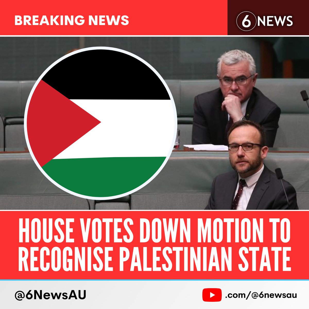 #BREAKING 🚨 The House of Representatives has voted 5-80 against a motion from the Greens to recognise a Palestinian state Only independent Andrew Wilkie voted with the Greens, with Labor and the Coalition voting against recognition #6NewsAU | 6newsau.com