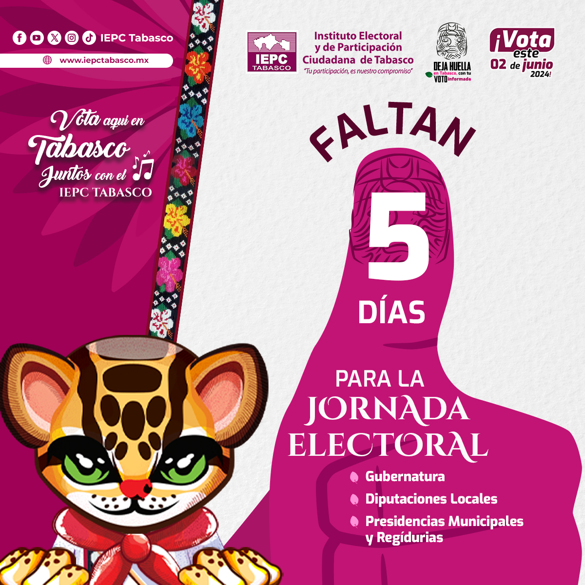 Faltan 5 días para la Jornada Electoral del #2deJunio 🗳️ #DejaHuella con tu #VotoInformado 👍🏻

Ubica tu distrito en: iepctabasco.mx/ubica-tu-distr…