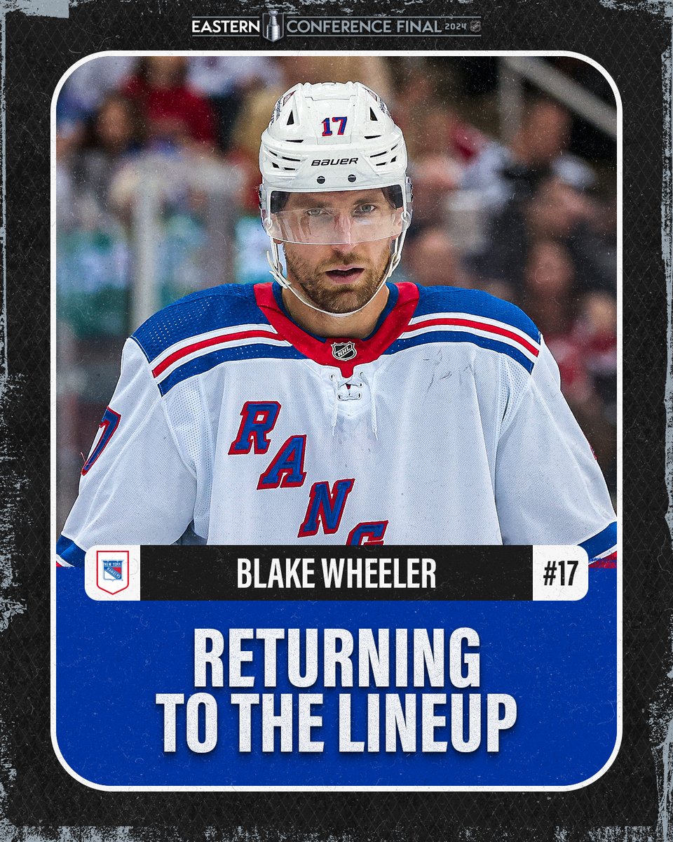 For the first time since February 15, Blake Wheeler is BACK in the @NYRangers' lineup! 🗽 #StanleyCup 🇺🇸: @espn & @ESPNPlus ➡️ spr.ly/6184uryQp 🇨🇦: @Sportsnet or stream on Sportsnet+ ➡️ spr.ly/6185uryQV