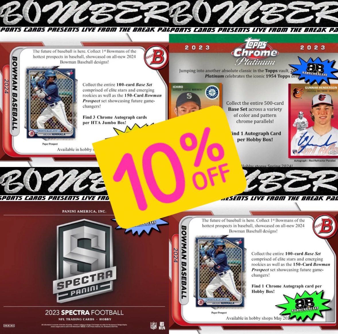 Save 10% Off Now! Use Code - ENDOFMAY10 ⬅️🚨 Use code at Checkout to save 10% off of remaining Wednesday PYT Teams at BomberBreaks.com - 2024 Bowman Baseball Hobby & Jumbo - 2023 @Topps Chrome Platinum BB #8 - 2023 @PaniniAmerica Spectra Football