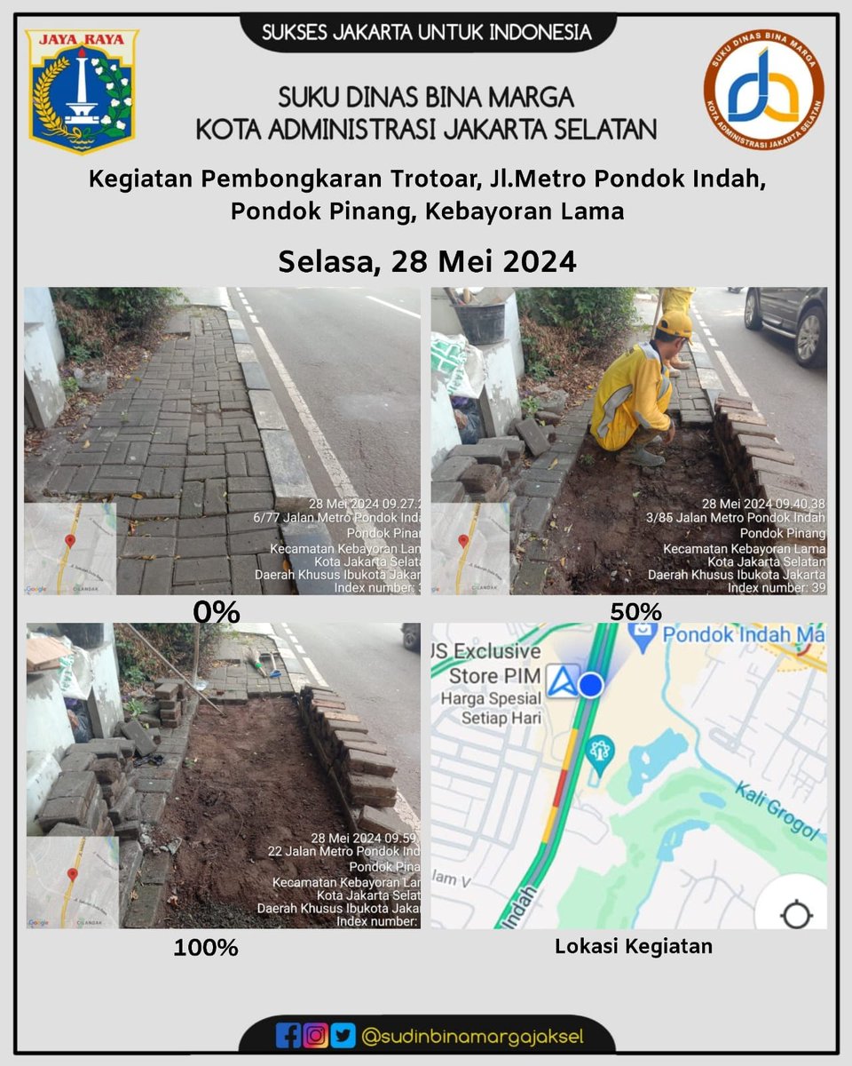 YELLOW SQUAD 👷 Kegiatan Perbaikan Trotoar di Jl. Metro Pondok Indah oleh PJLP Lapangan Kecamatan Kebayoran Lama
Selasa, 28 Mei 2024

#HeruBudiHartono
#JokoAgusSetyono
#HeruSuwondo
#BinaMargaDKI
#SuksesJakartaUntukIndonesia #PasukanKuning

#BeritaJakarta #InfoJakarta