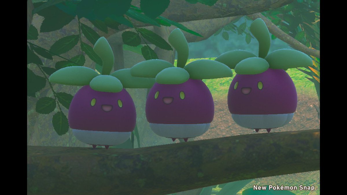 Anna28B's tweet photo. Three Bounsweet on a tree branch. Inspired by the scene in New Pokémon Snap 📸 
#PokemonGo #PokemonGoCommunityDay
#GoSnapshot https://t.co/4PdKGt6v8L