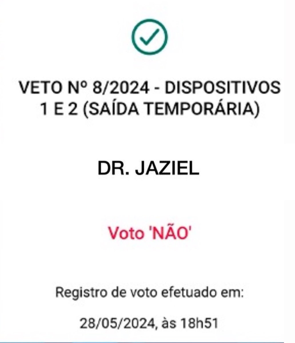 MEU VOTO NÃO A “SAIDINHA” DE PRESOS. Grande dia para oposição e péssimo dia para o governo petista! Veto mantido e presos permanecendo onde devem estar. 🙏🏻🇧🇷