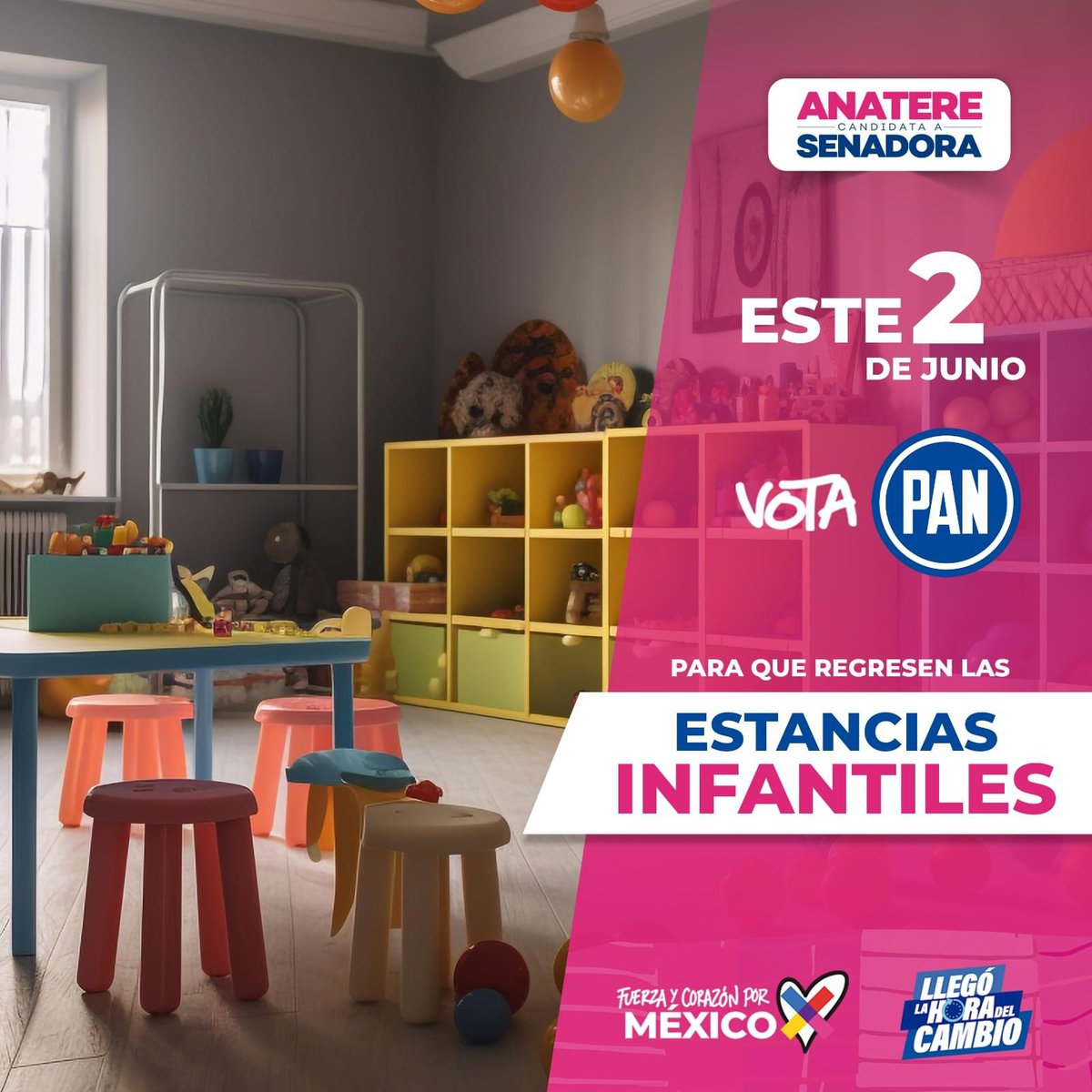 Este 2 de junio, vota por el PAN para que las estancias infantiles regresen y nuestras familias puedan contar nuevamente con un apoyo esencial. Las estancias infantiles no solo proporcionan un lugar seguro para nuestros niños y niñas, sino que también permiten a muchas madres y