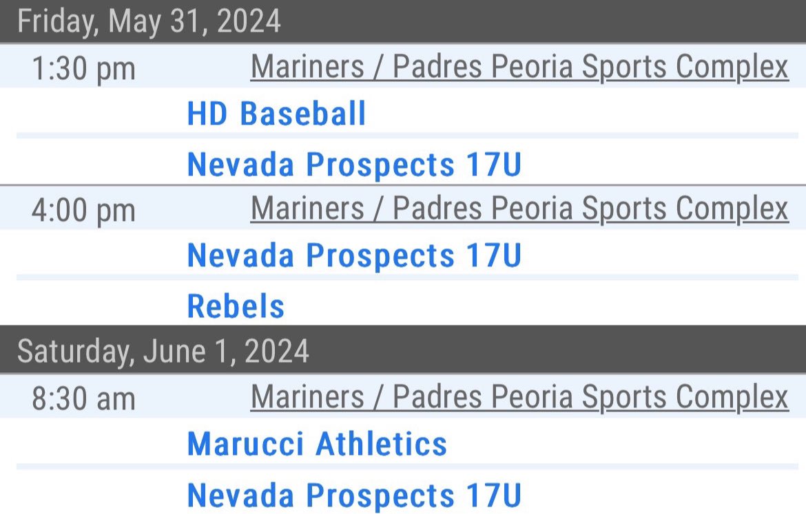 702DrewTorres25's tweet photo. Here’s our schedule for this weekend at the Arizona Four Corners tournament! @coachmccall17 @ChrisRojas30 @NickGarritano @JordanGetzelman @vegasgolf25 @VanderhookCory @OhioWarhawks @PBR_Uncommitted @PrepBaseballNV @UDClubBaseball https://t.co/pwg5j4dp9x
